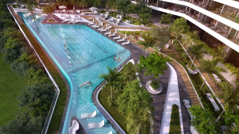 departamentos de lujo en puerto cancun woha alberca recreativa con asoleaderos