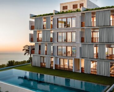 departamentos en venta con vista al mar en puerto aventuras artesan edificio con alberca y jardín