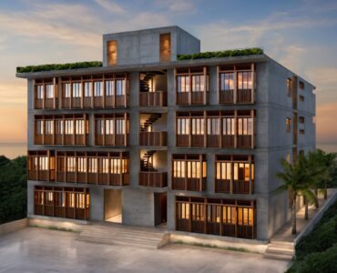 departamentos en venta con vista al mar en puerto aventuras artesan edificio vista aerea fachada