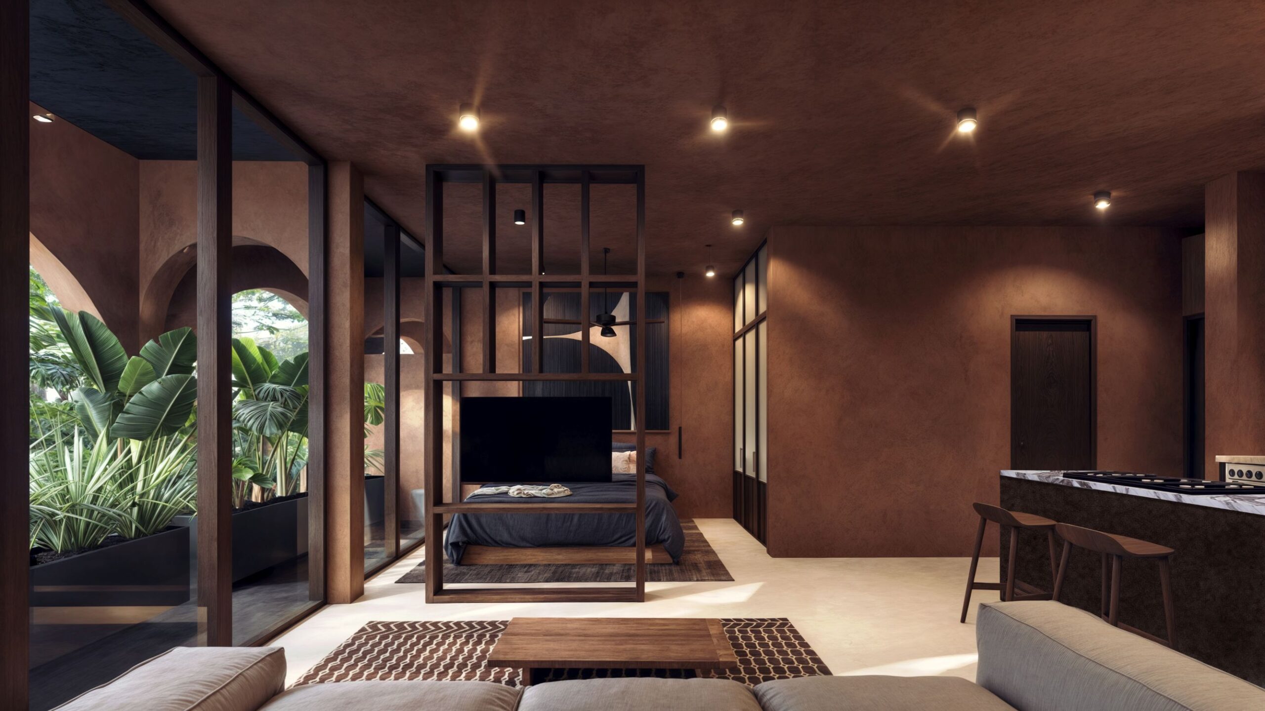 departamentos en venta en tohoku playa del carmen sala con cuarto de tv y cocina