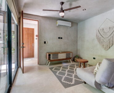 one bedroom ground floor condo tulum real estate sukha112 la veleta sala living with terrace