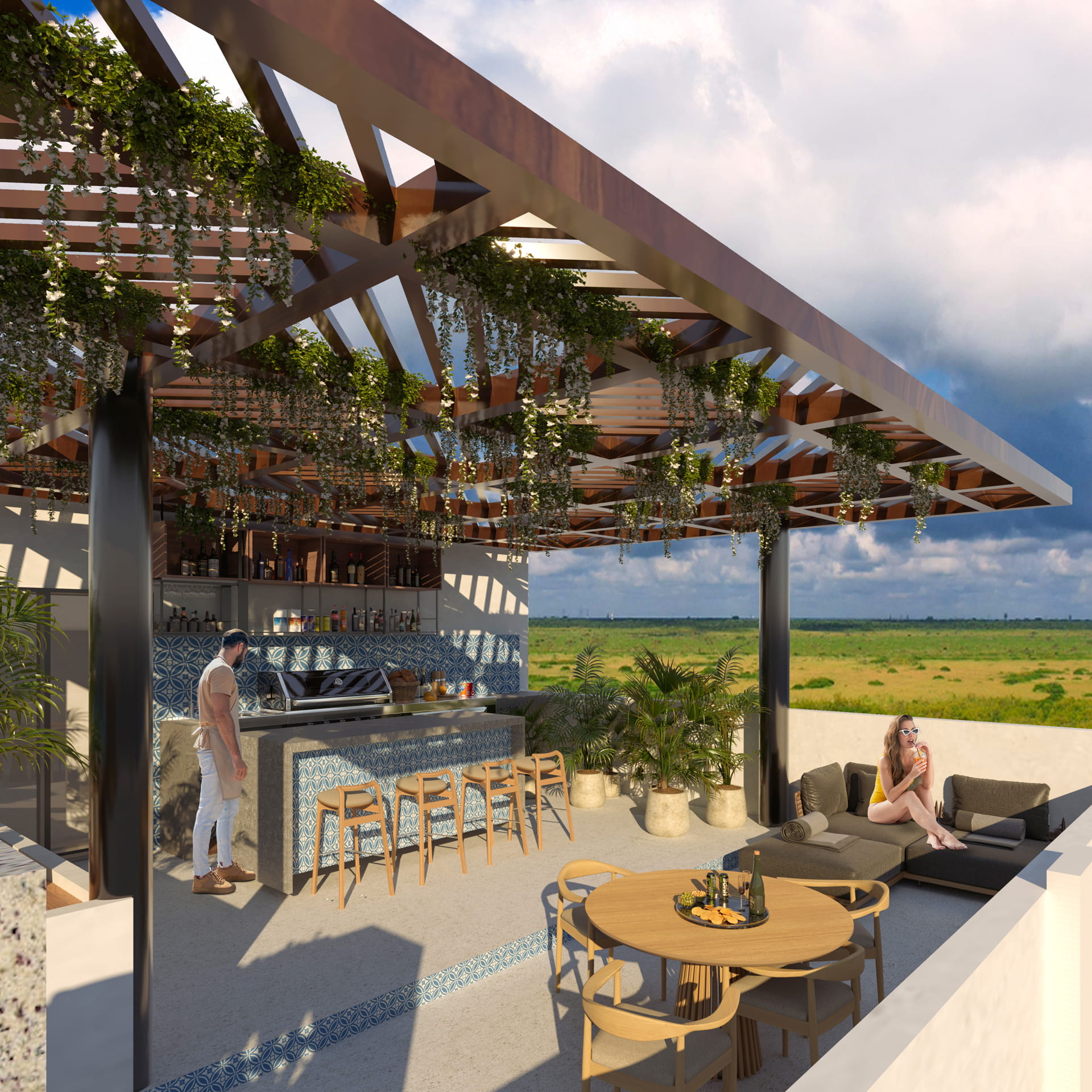puerto morelos real estate soulam condo rooftop with lounge and bar