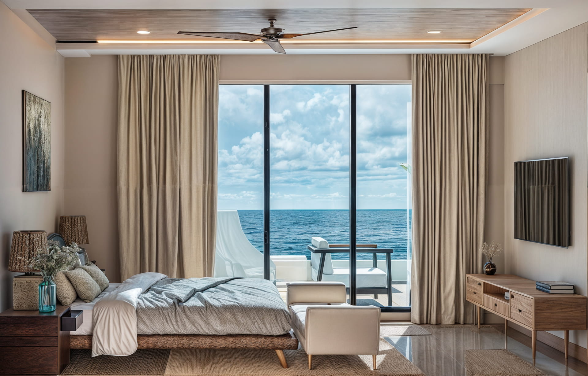 real estate in puerto morelos soulam master bedroom with ocean view and tv
