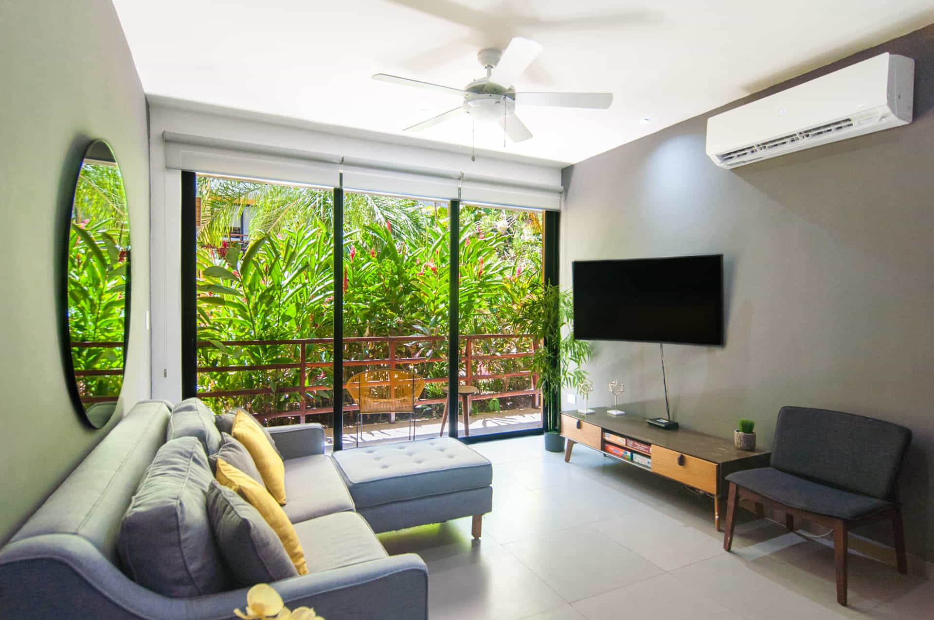 two bedroom ground floor condo in playa del carmen lunada living room with ac
