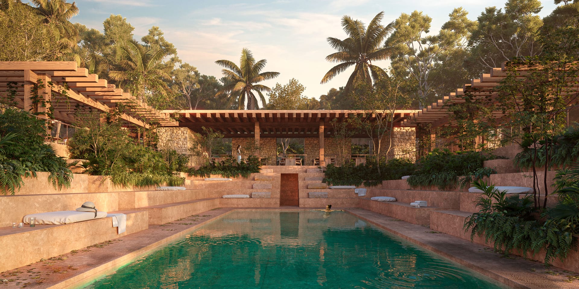 bacalar real estate aldea kalan pool with sunbeds club house