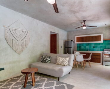 one bedroom ground floor condo tulum real estate sukha112 la veleta cocina kitchen living room sala