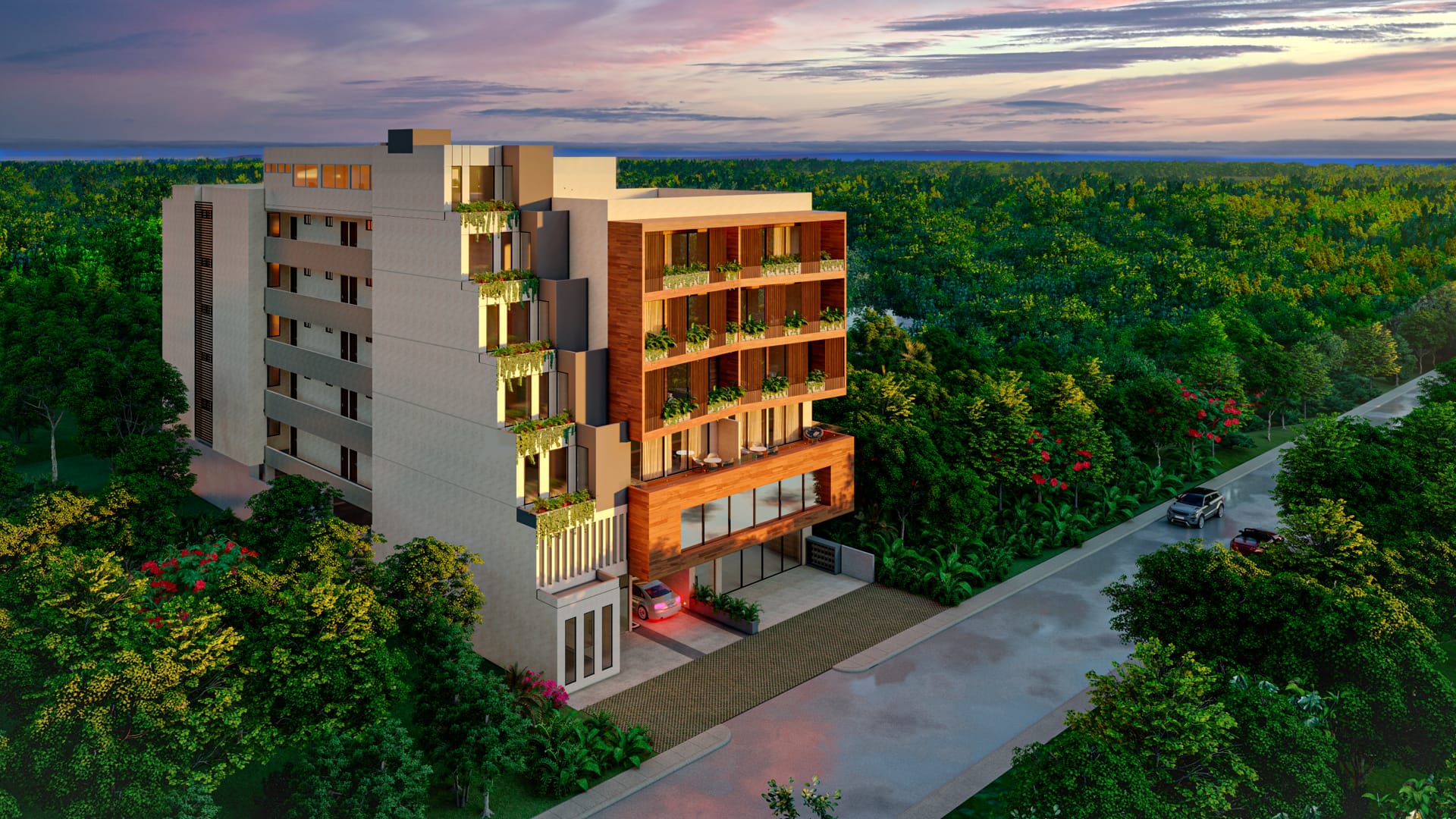 condos for sale in puerto morelos central living aereal facade