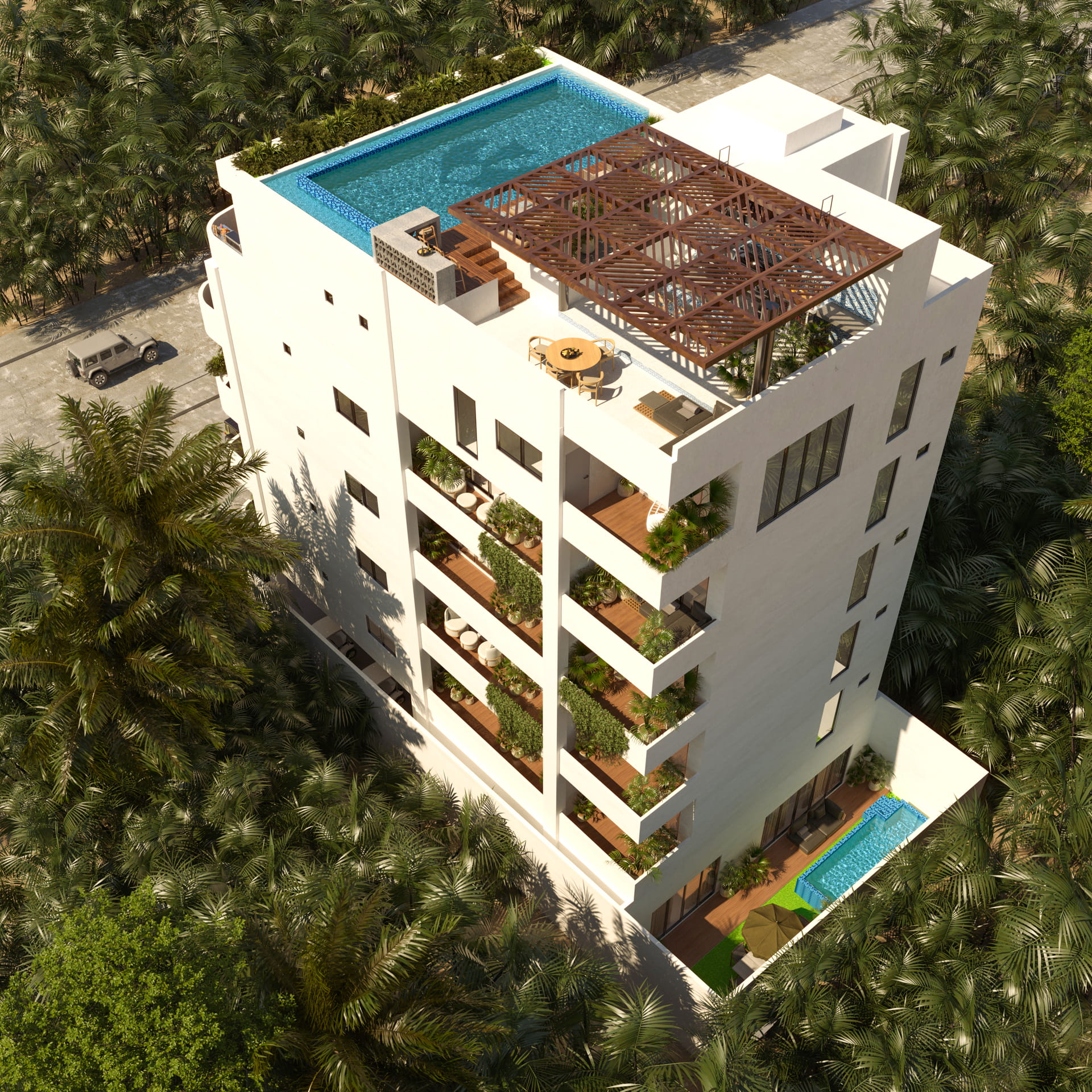 puerto morelos real estate soulam condo building pool and rooftop