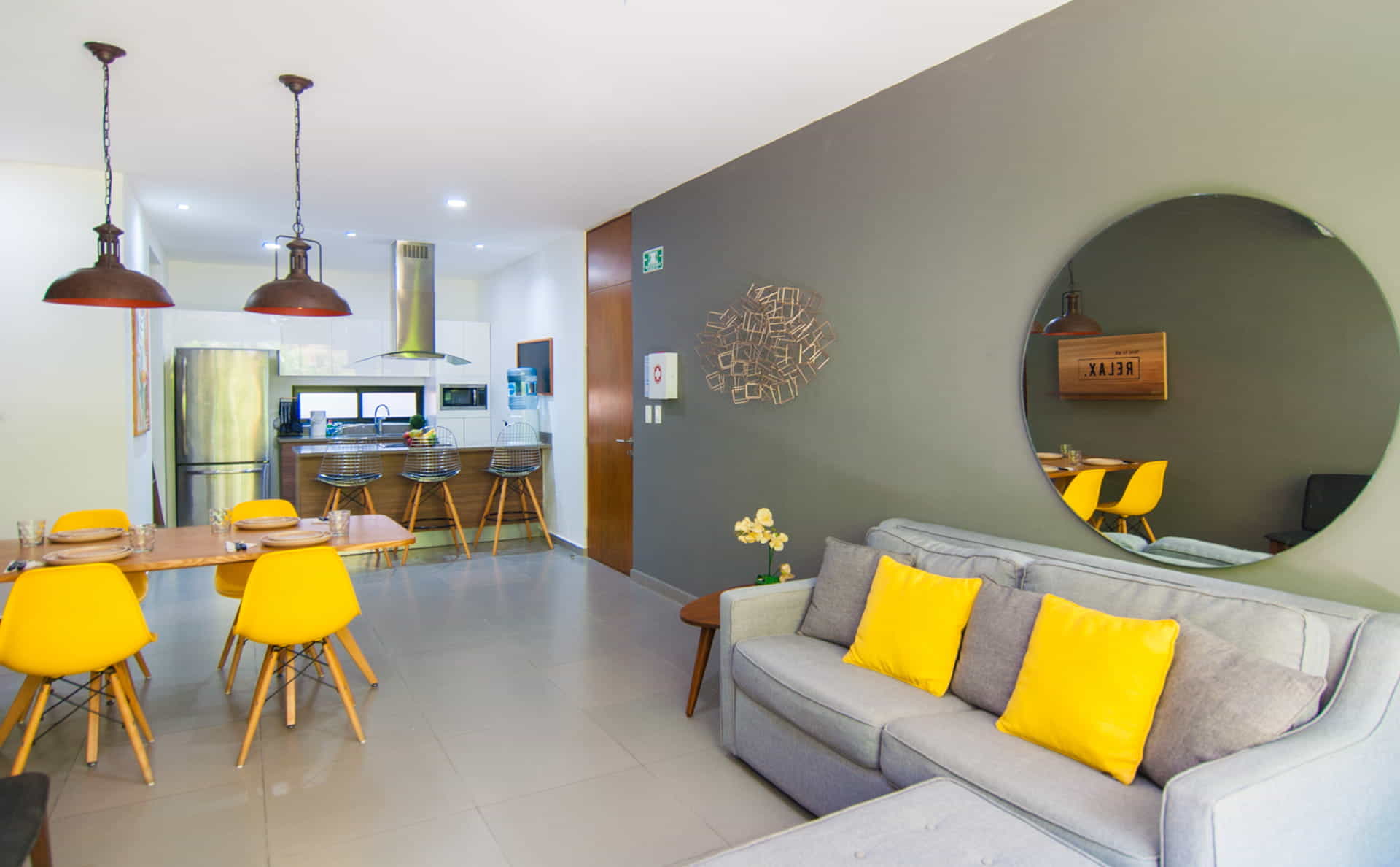 two bedroom ground floor condo in playa del carmen lunada living and dining room