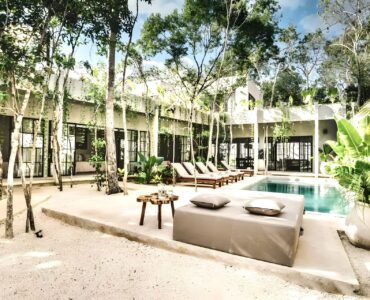 villa for sale in tulum surena swimming pool and sun beds