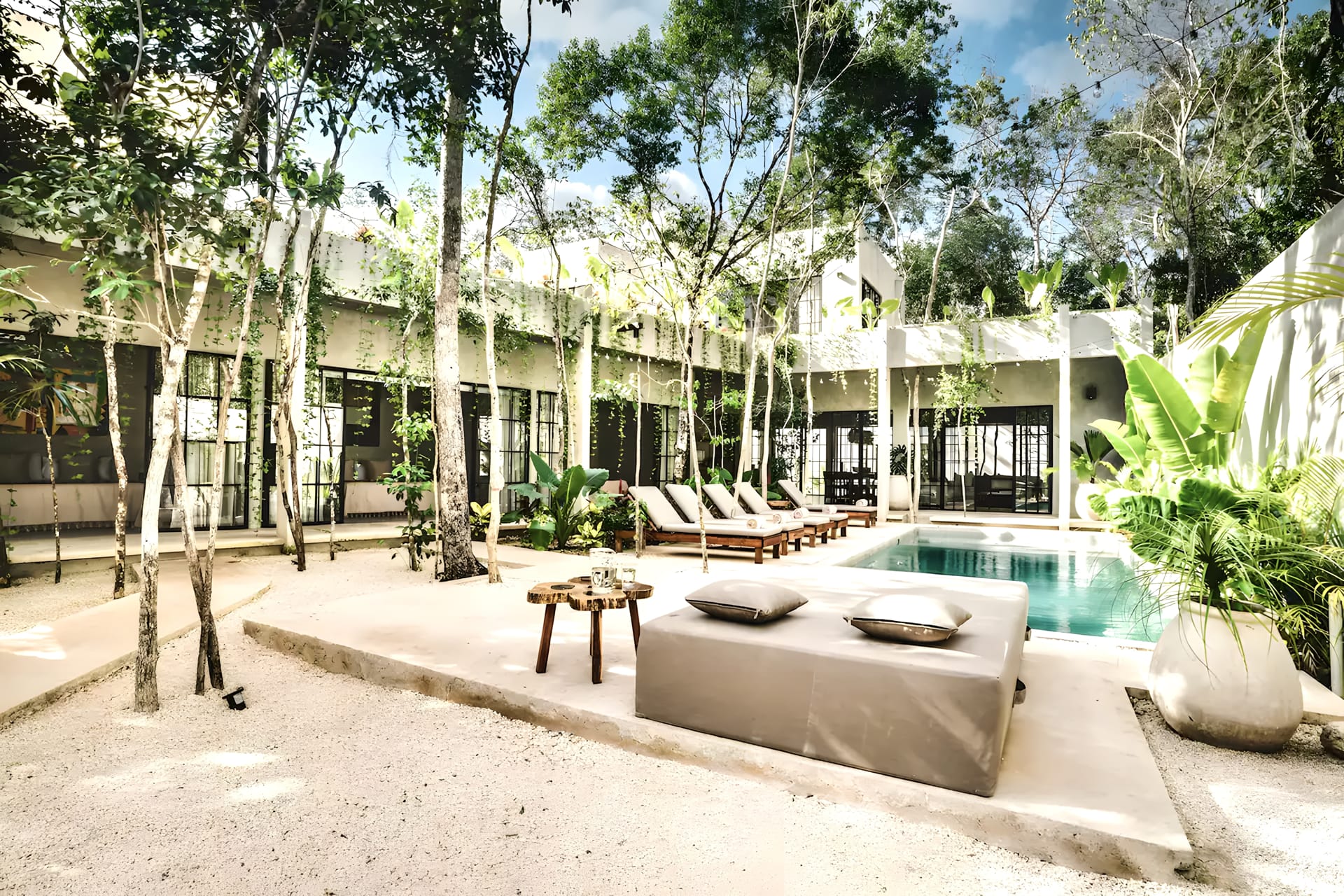 villa for sale in tulum surena swimming pool and sun beds